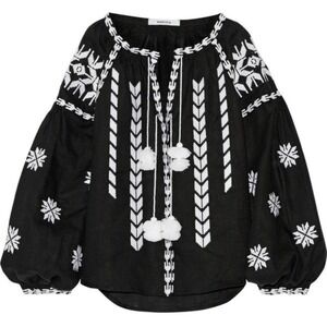 MARCH 11 Embroidered Tassel Blouse Top Peasant Boho Bohemian Black White Medium